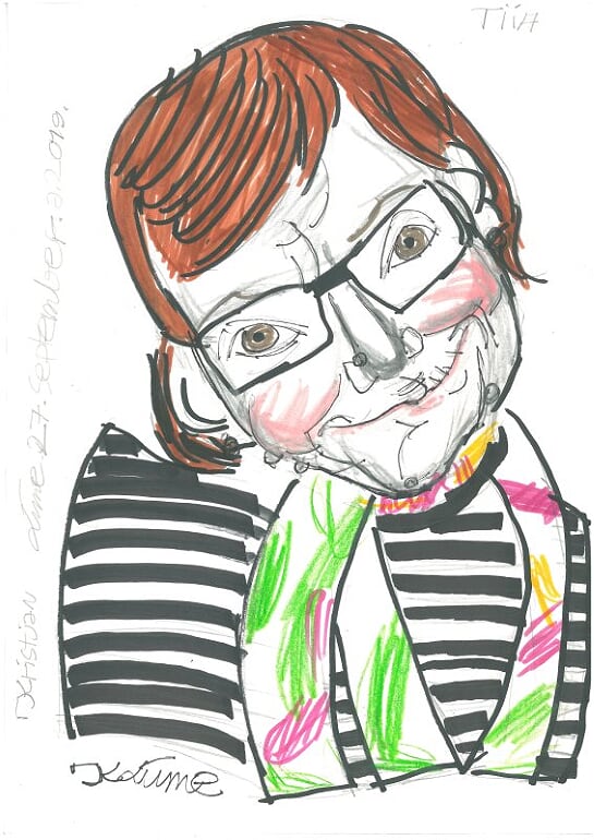 Marker pen drawing about a brown-haired woman wearing black glasses and striped blouse.